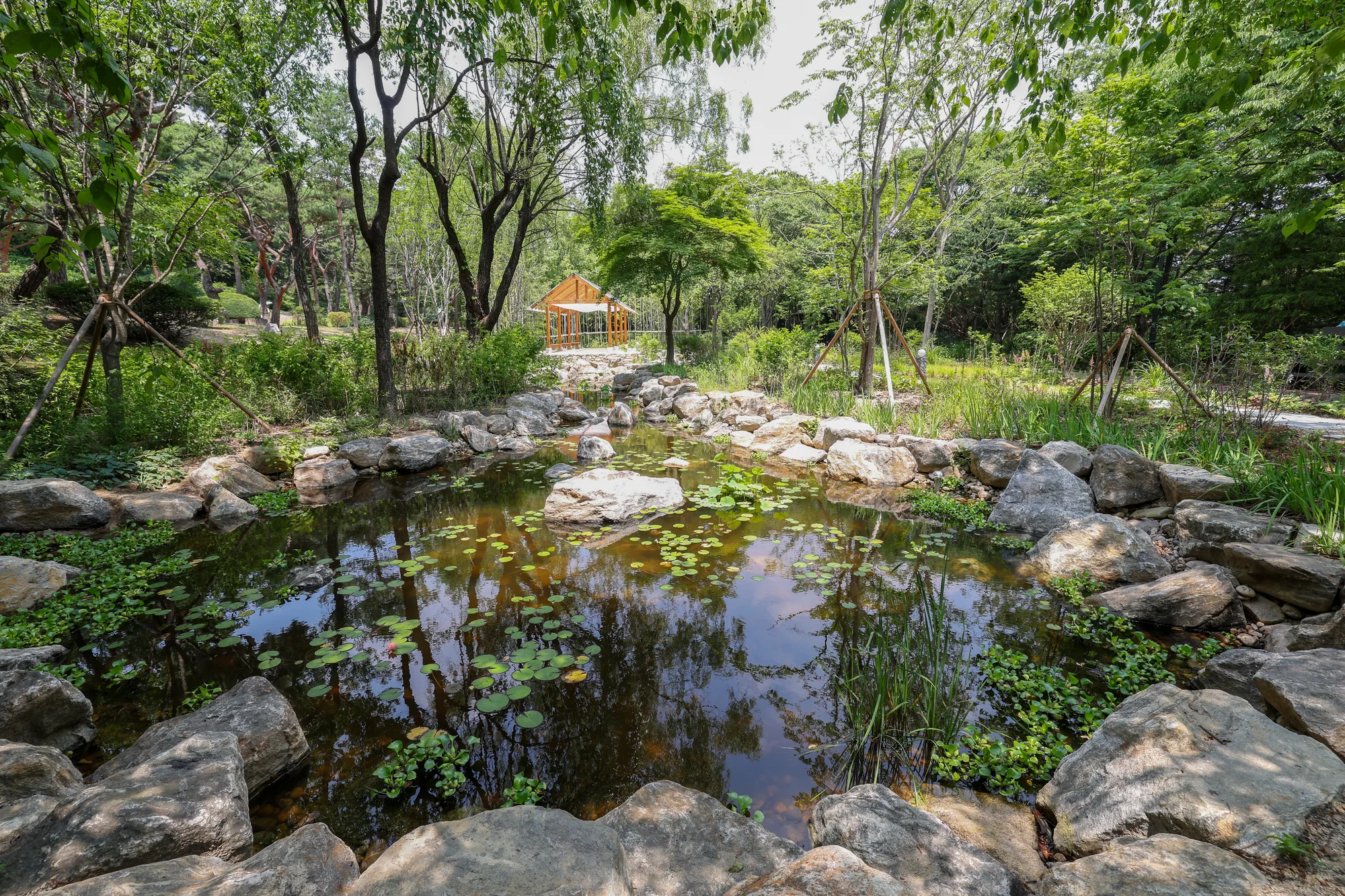 A garden pond, stone edges and a wooden pavilion beneath green trees at Namsan Korean Forest Garden in Seoul